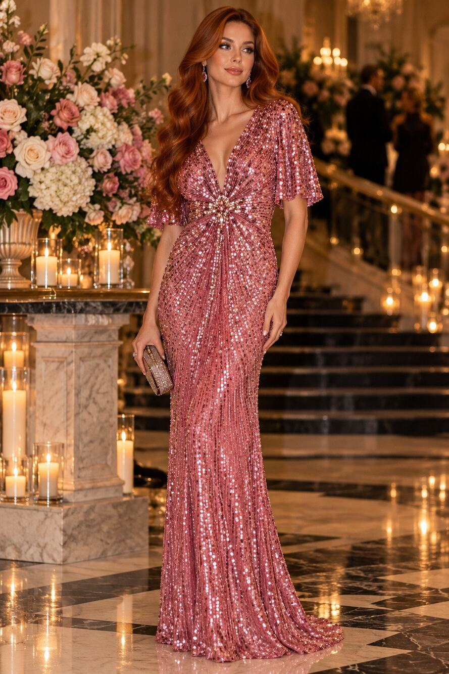 Jenny Packham | Rose-Pink Sequin Embellished Gown UK 16 US 12